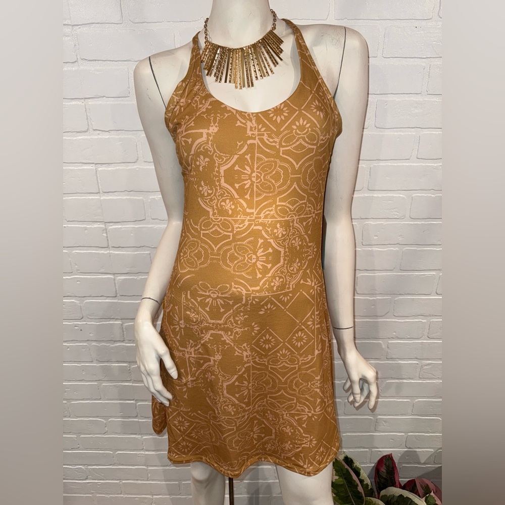 NEW Prana Opal Dress Toffee Tiles Gold Patterned Backless Bra Dress